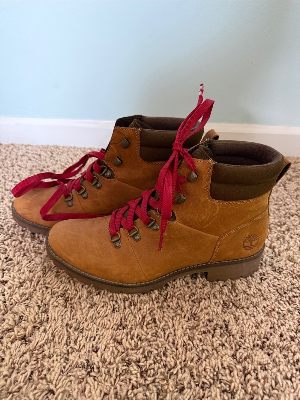 Timberland Tan Nubuck Ankle Boots with Red Laces